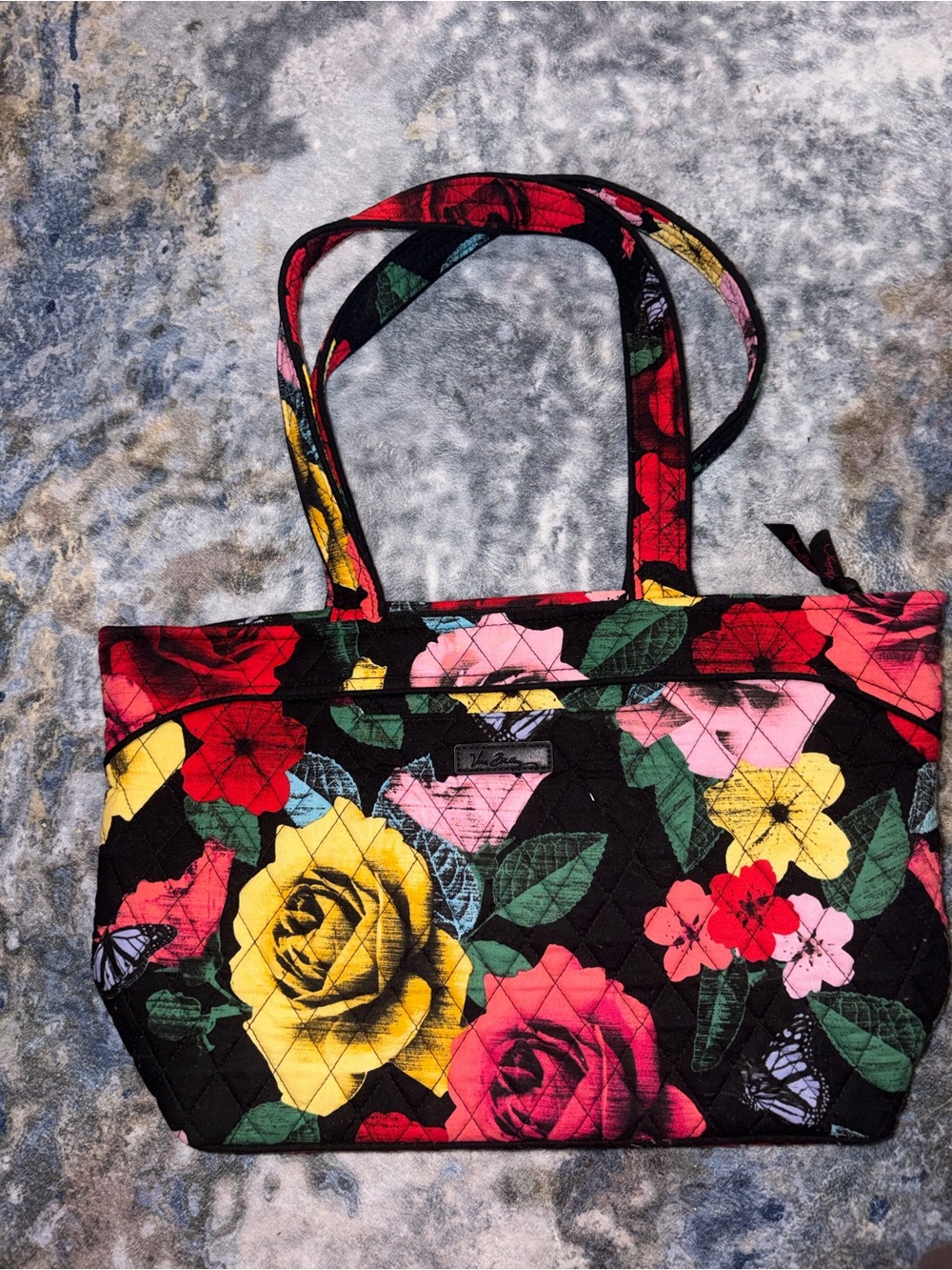 Vera Bradley Black Floral Quilted Tote with Yellow & Pink Roses